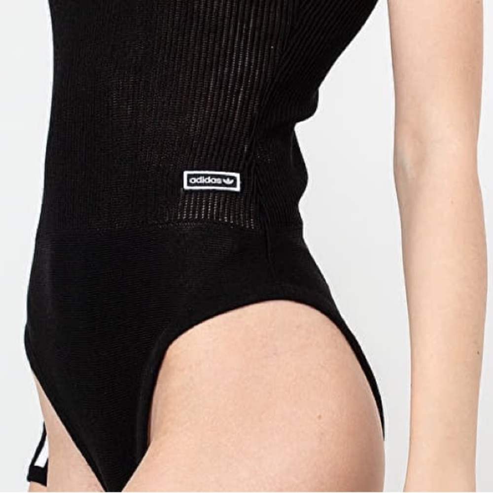 adidas Black One-Shoulder Ribbed Bodysuit with White 3-Stripes - Picture 4 of 8